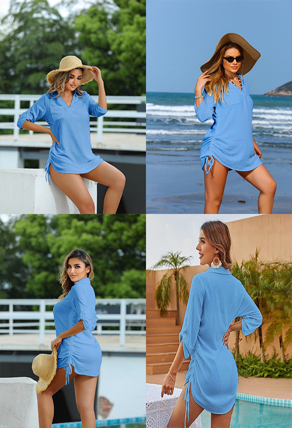 Women's Swimsuit Cover Up Drawstring Beach Shirt Dress, Loose Solid Bikini Coverup, Quick Dry UV Protection Beachwear