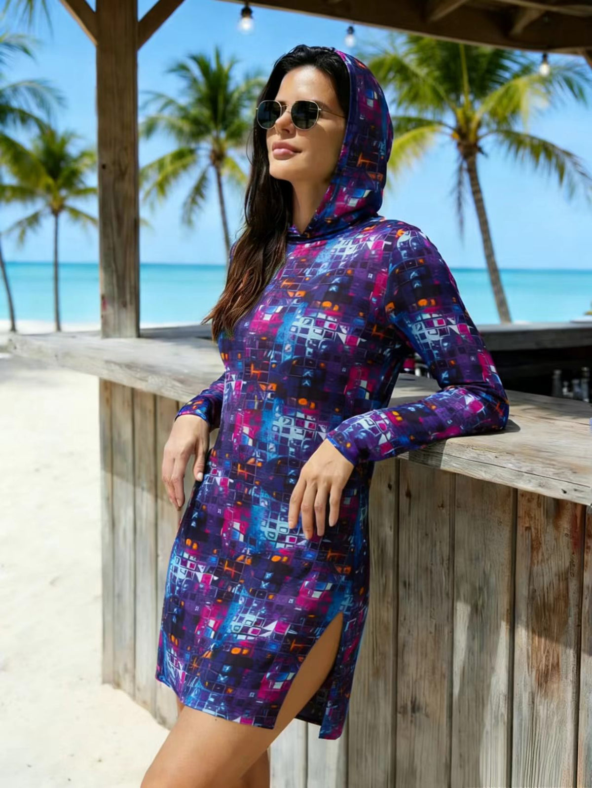 Amazon's best-selling sexy mesh sheer print hooded dress, European and American style slim sun-protective cover-up    sun cover up sun cover ups women sun cover up rms beach cover up dress beach cover up skirt
