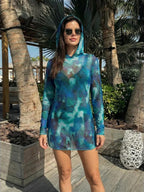 Sexy mesh sheer print hooded sun-protective dress, European-American style slim-fit cover-up sun-protective clothing