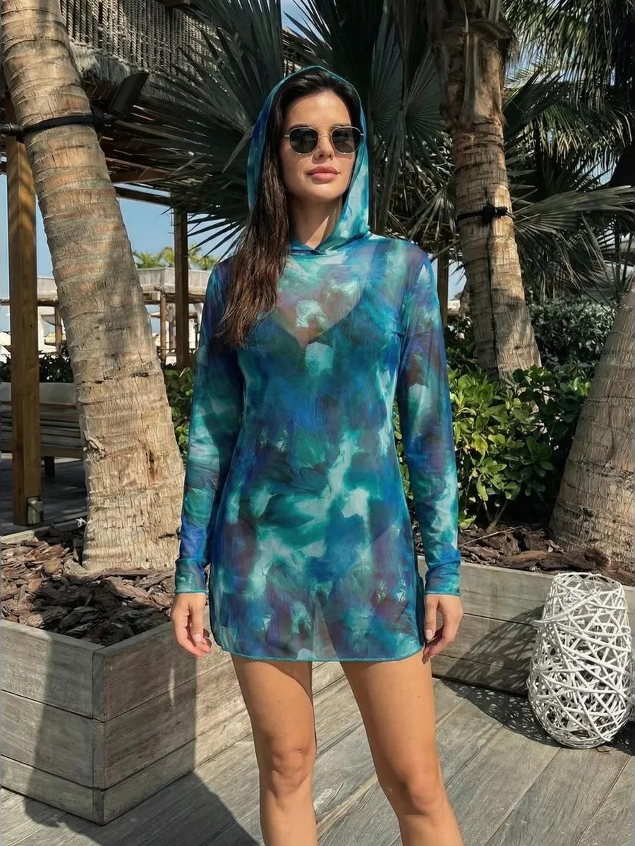 Sexy mesh sheer print hooded sun-protective dress, European-American style slim-fit cover-up sun-protective clothing
