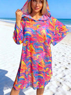 Sun protection mesh print beach cover-up, three-quarter sleeve one-piece swimsuit, cover-up, beach sun protection shirt