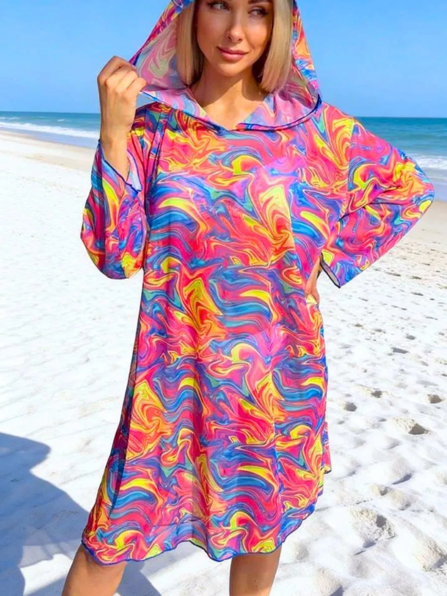 Sun protection mesh print beach cover-up, three-quarter sleeve one-piece swimsuit, cover-up, beach sun protection shirt