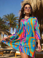 Sun protection mesh print beach cover-up, three-quarter sleeve one-piece swimsuit, cover-up, beach sun protection shirt