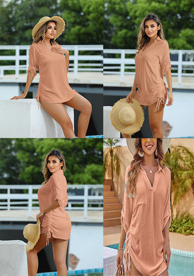 Women's Swimsuit Cover Up Drawstring Beach Shirt Dress, Loose Solid Bikini Coverup, Quick Dry UV Protection Beachwear