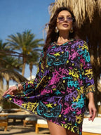 Sun protection mesh print beach cover-up, three-quarter sleeve one-piece swimsuit, cover-up, beach sun protection shirt