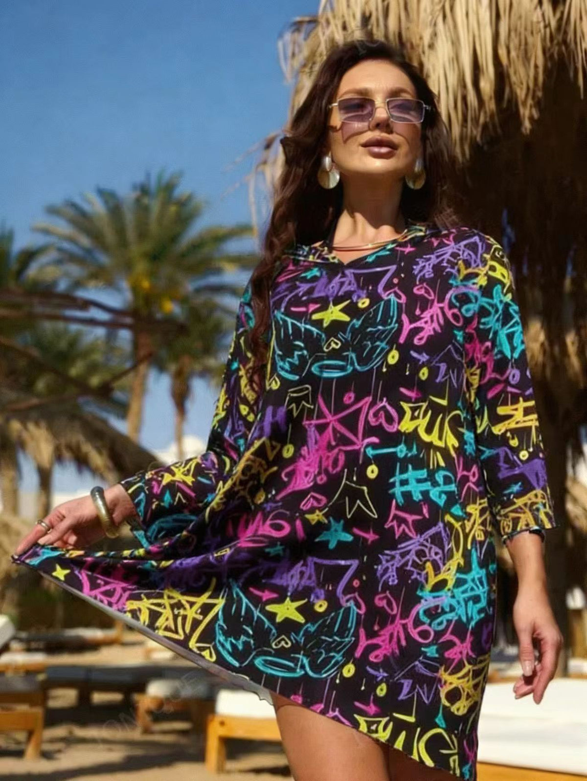 Sun protection mesh print beach cover-up, three-quarter sleeve one-piece swimsuit, cover-up, beach sun protection shirt