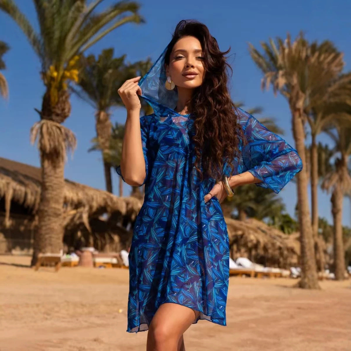 Sun protection mesh print beach cover-up, three-quarter sleeve one-piece swimsuit, cover-up, beach sun protection shirt
