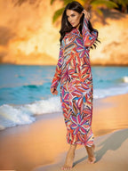 Mesh print beach cover-up long-sleeve sun-protection one-piece swimsuit cover-up shirt