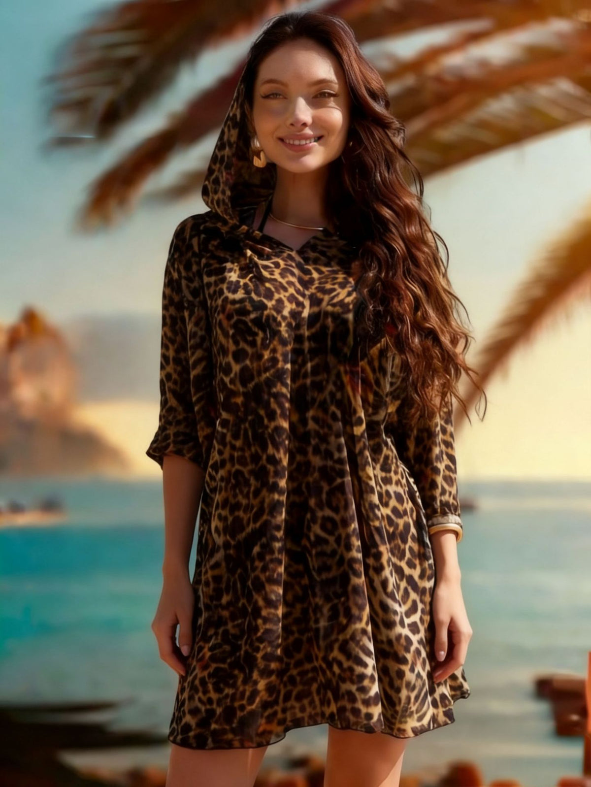 Sun protection mesh print beach cover-up, three-quarter sleeve one-piece swimsuit, cover-up, beach sun protection shirt
