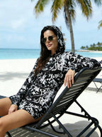 Sexy mesh sheer print hooded sun-protective dress, European-American style slim-fit cover-up sun-protective clothing