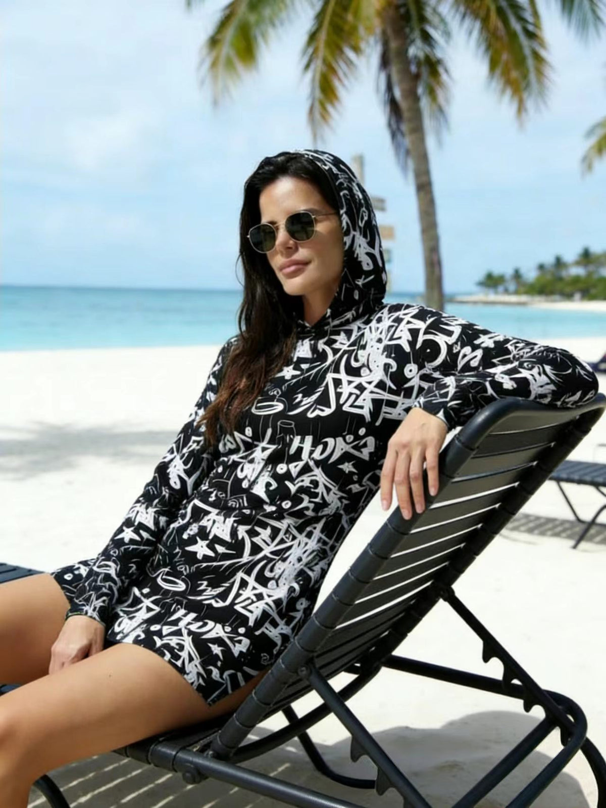 Sexy mesh sheer print hooded sun-protective dress, European-American style slim-fit cover-up sun-protective clothing