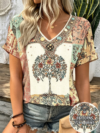 Selamara Bohemian Boho Style Beige Floral Embroidered V-Neck T-Shirt, Summer Vacation Casual Short Sleeve Top Picnic Vacation