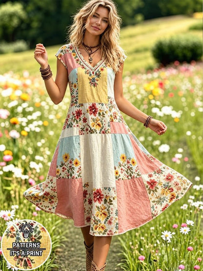 Selamara Bohemian Pastoral Style Faux Patchwork Floral Print Dress, Mori Style Gentle Relaxed V-Neck Sleeveless Dress, Summer Beach Casual Vacation Travel A-Line Dress
