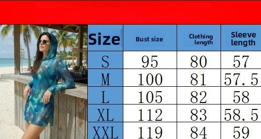 Sexy mesh sheer print hooded sun-protective dress, European-American style slim-fit cover-up sun-protective clothing