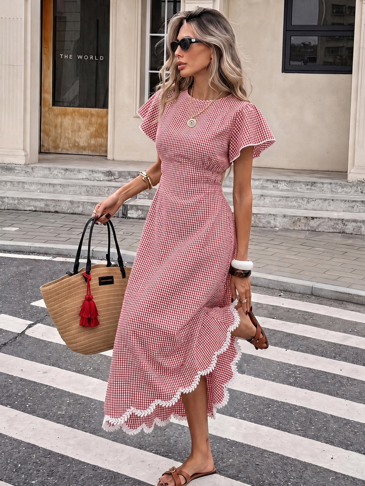Serisse Women's Plaid Round Neck Ruffle Short Sleeve Elegant Long Dress