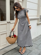 Serisse Women's Plaid Round Neck Ruffle Short Sleeve Elegant Long Dress