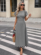 Serisse Women's Plaid Round Neck Ruffle Short Sleeve Elegant Long Dress