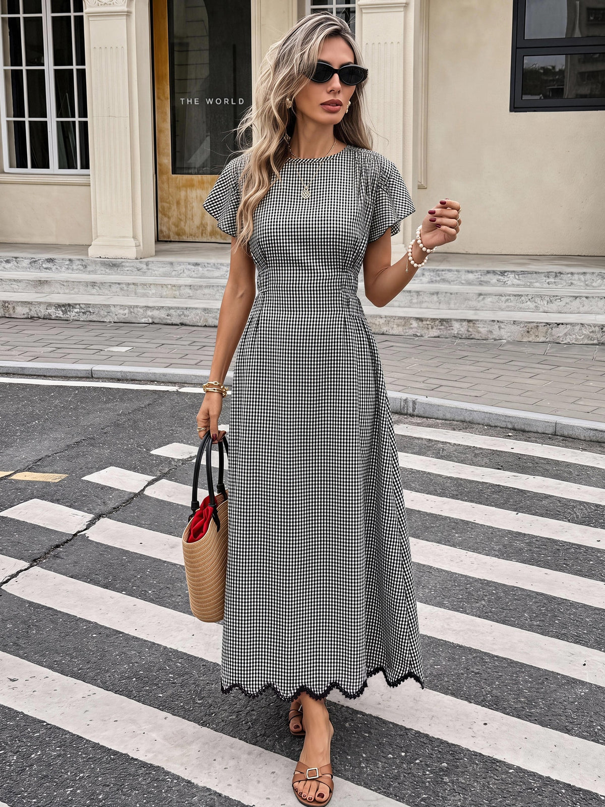 Serisse Women's Plaid Round Neck Ruffle Short Sleeve Elegant Long Dress