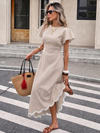 Serisse Women's Plaid Round Neck Ruffle Short Sleeve Elegant Long Dress
