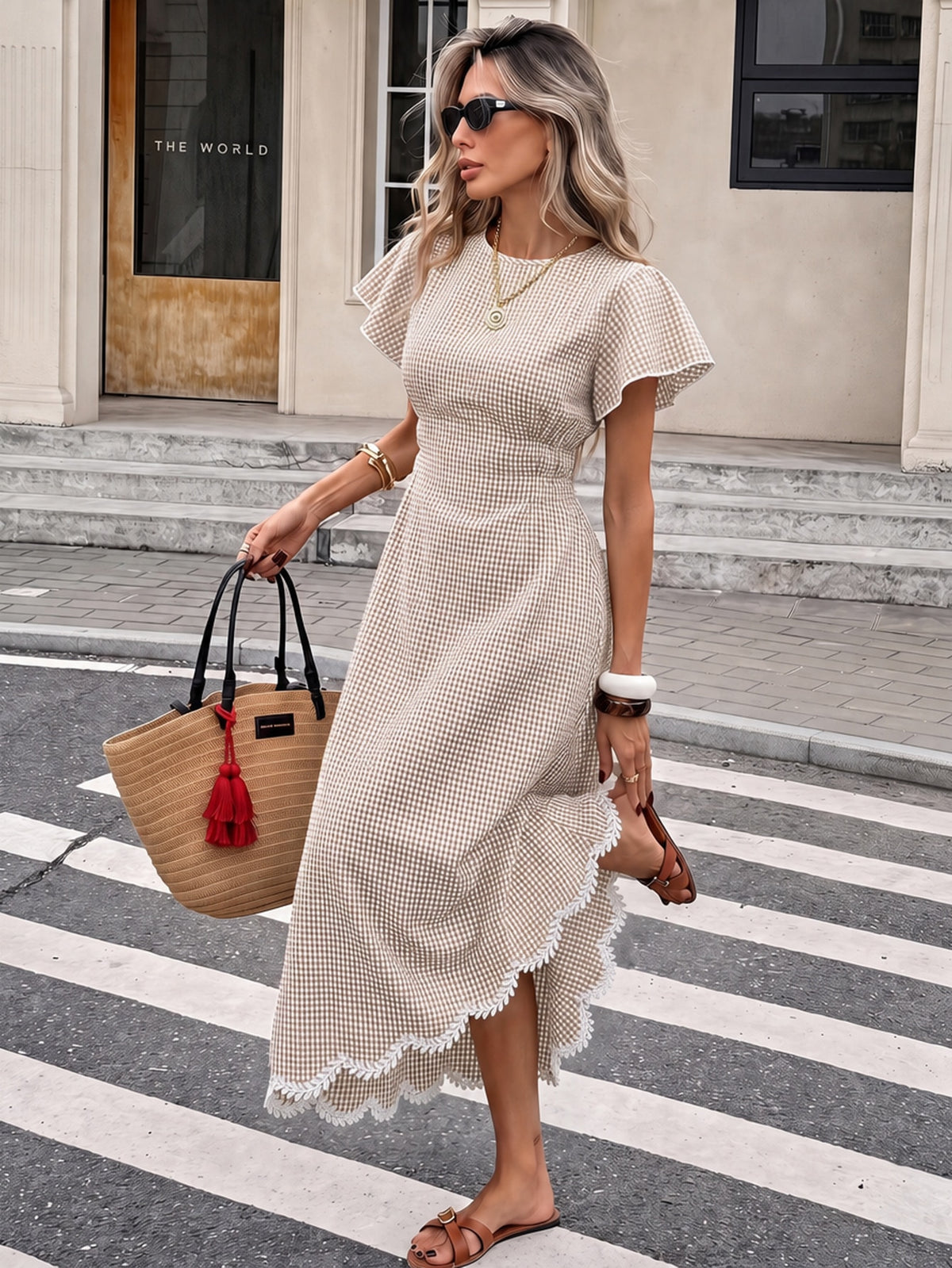 Serisse Women's Plaid Round Neck Ruffle Short Sleeve Elegant Long Dress