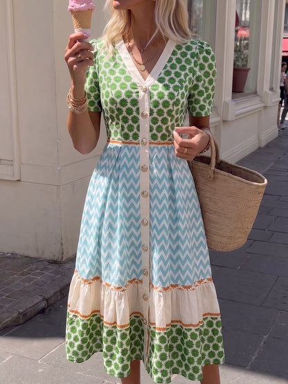 SHEIN Holidaya Women's Vintage Boho Old Money Geometric Print V-Neck Button-Down Short Sleeve Casual Dress Everyday Picnic Outing Party Vacation Green Summer