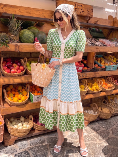 SHEIN Holidaya Women's Vintage Boho Old Money Geometric Print V-Neck Button-Down Short Sleeve Casual Dress Everyday Picnic Outing Party Vacation Green Summer
