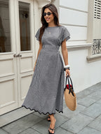 Serisse Women's Plaid Round Neck Ruffle Short Sleeve Elegant Long Dress
