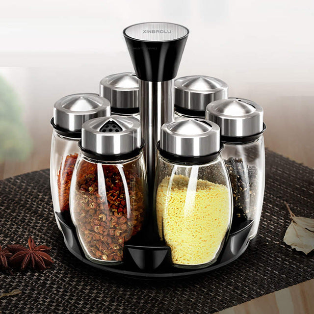 7Pcs/Set Rotating Stainless Steel Glass Cruet Condiment Set