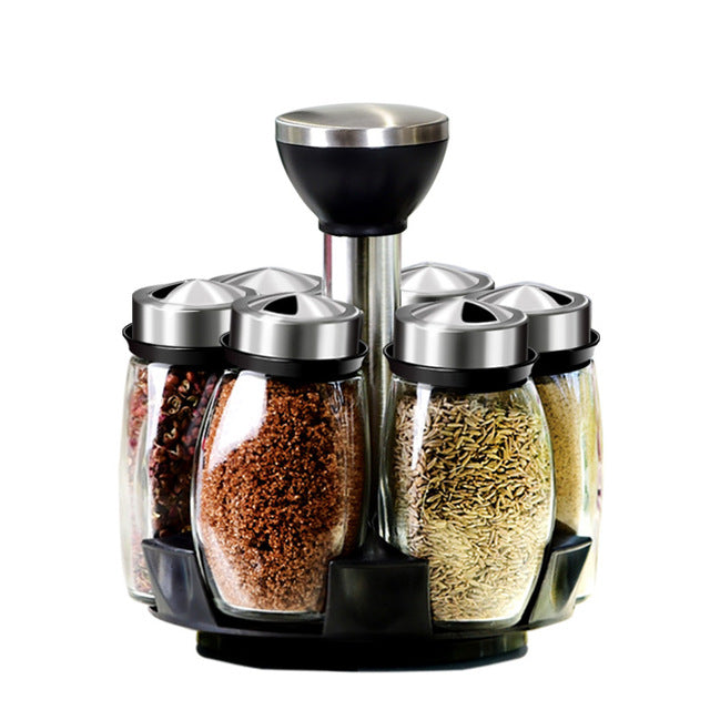 7Pcs/Set Rotating Stainless Steel Glass Cruet Condiment Set