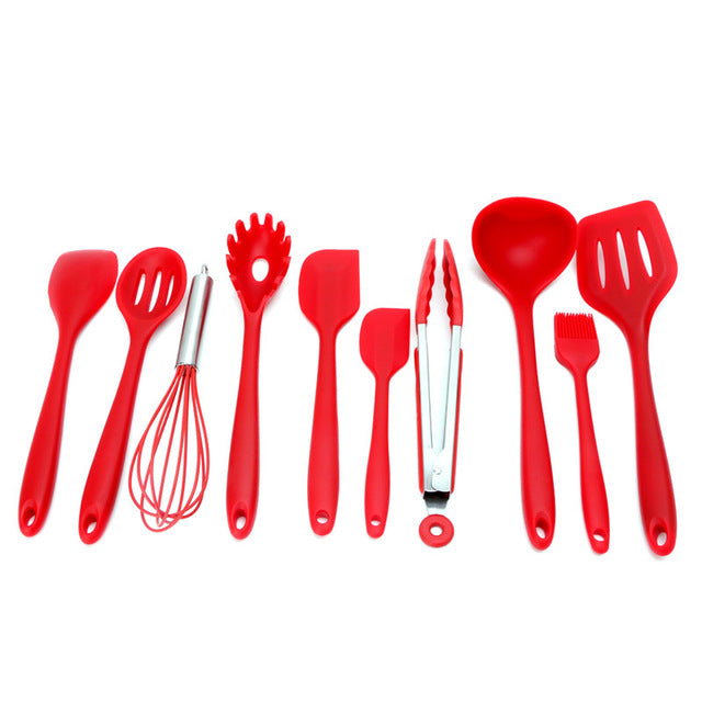 10Pcs Red/Green/Black Heat Resitant Non-stick Silicone Kitchen Utensils