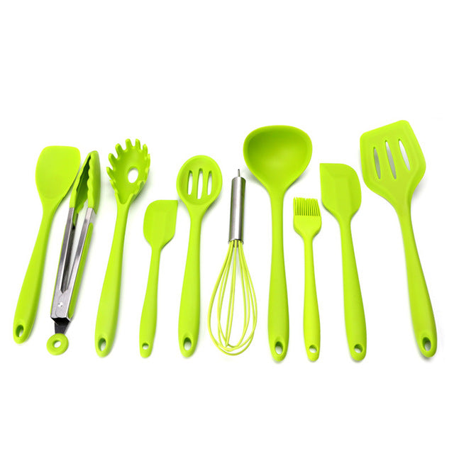 10Pcs Red/Green/Black Heat Resitant Non-stick Silicone Kitchen Utensils