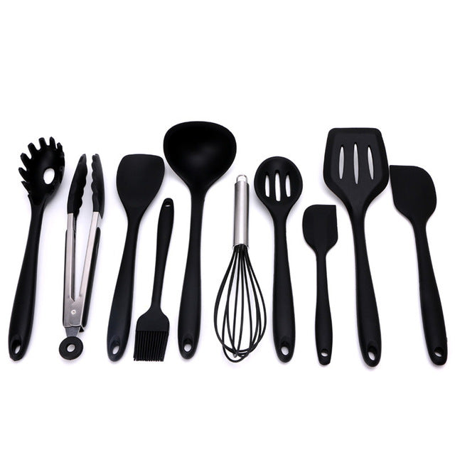 10Pcs Red/Green/Black Heat Resitant Non-stick Silicone Kitchen Utensils